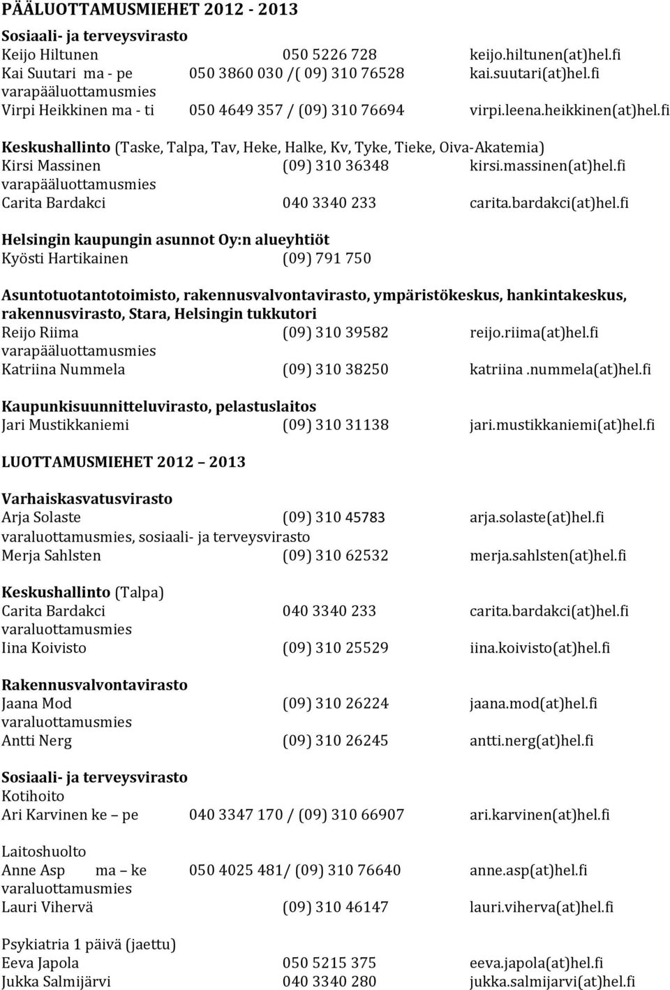 fi Keskushallinto (Taske, Talpa, Tav, Heke, Halke, Kv, Tyke, Tieke, Oiva-Akatemia) Kirsi Massinen (09) 310 36348 kirsi.massinen(at)hel.fi varapääluottamusmies Carita Bardakci 040 3340 233 carita.