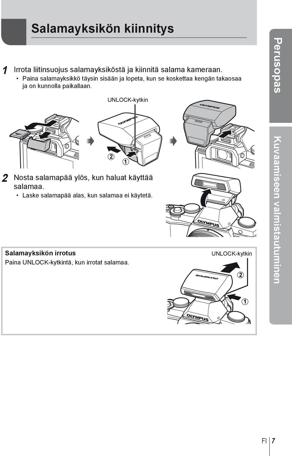 UNLOCK-kytkin Perusopas 2 Nosta salamapää ylös, kun haluat käyttää salamaa.