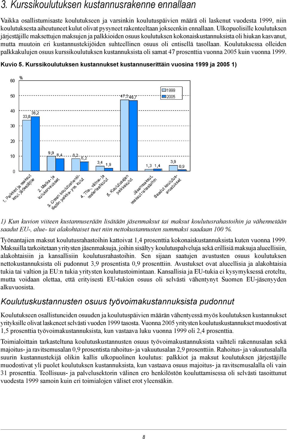 Ulkopuolisille koulutuksen järjestäjille maksettujen maksujen ja palkkioiden osuus koulutuksen kokonaiskustannuksista oli hiukan kasvanut, mutta muutoin eri kustannustekijöiden suhteellinen osuus oli