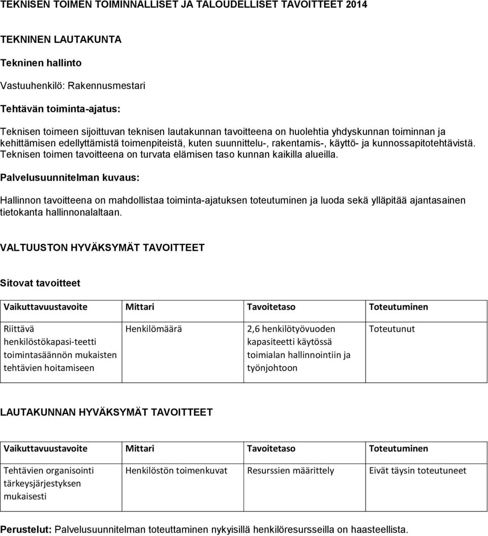 Teknisen toimen tavoitteena on turvata elämisen taso kunnan kaikilla alueilla.