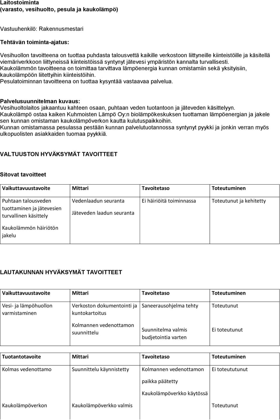 Kaukolämmön tavoitteena on toimittaa tarvittava lämpöenergia kunnan omistamiin sekä yksityisiin, kaukolämpöön liitettyihin kiinteistöihin.