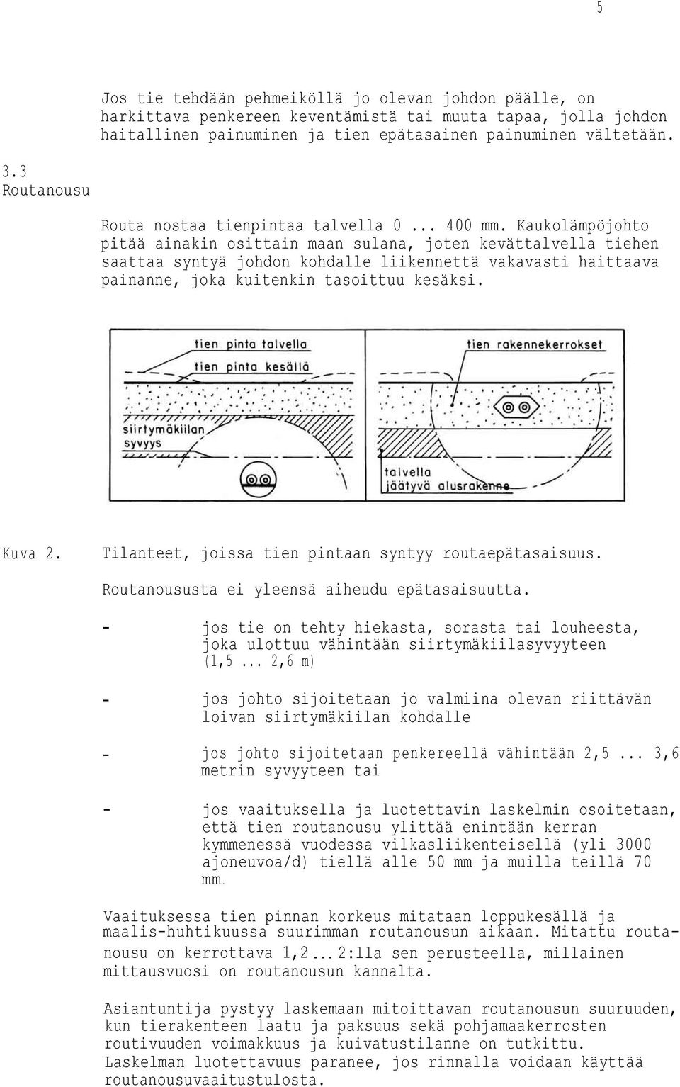 Kaukolämpöjohto pitää ainakin osittain maan sulana, joten kevättalvella tiehen saattaa syntyä johdon kohdalle liikennettä vakavasti haittaava painanne, joka kuitenkin tasoittuu kesäksi. Kuva 2.