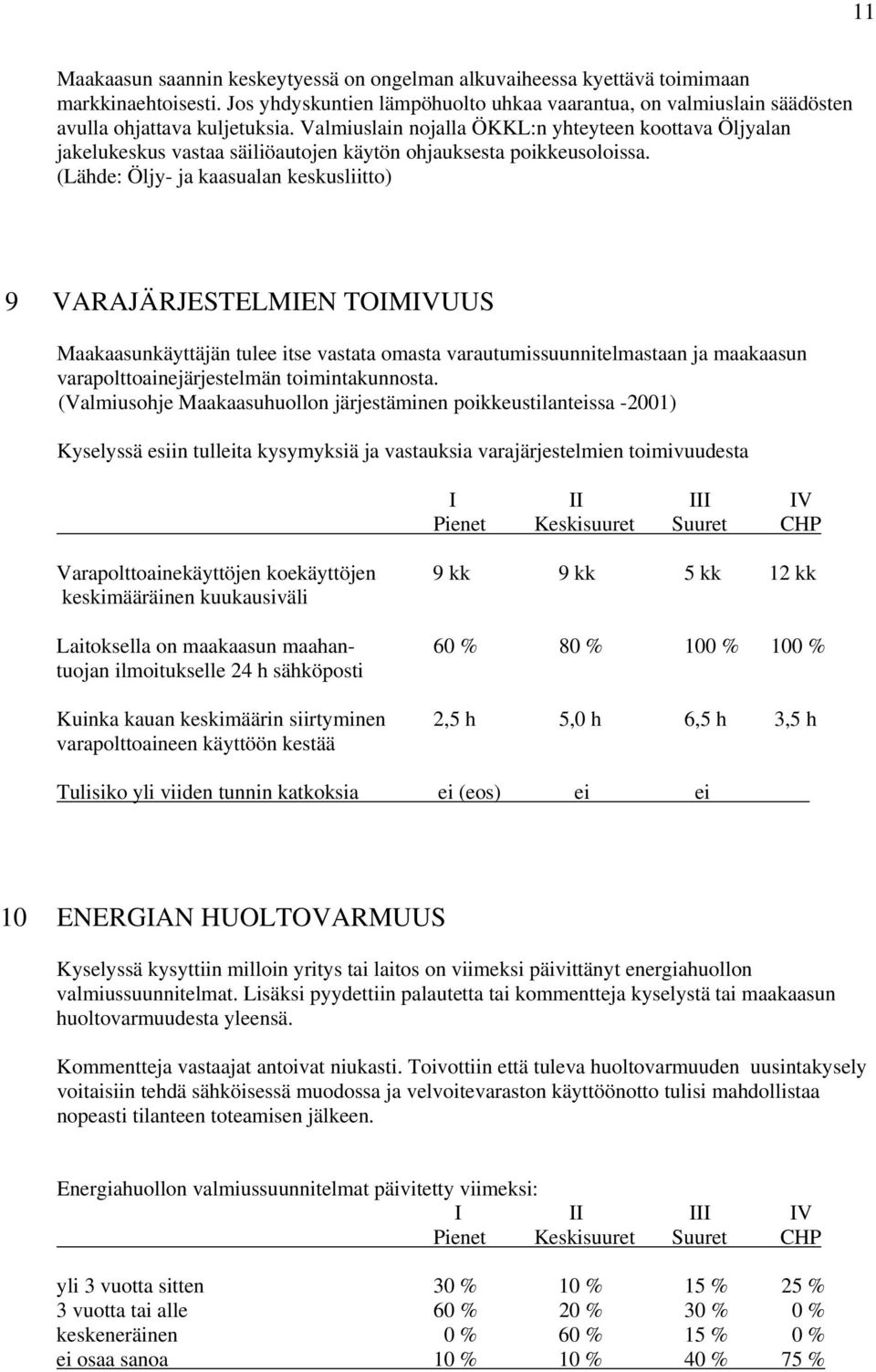 (Lähde: Öljy- ja kaasualan keskusliitto) 9 VARAJÄRJESTELMIEN TOIMIVUUS Maakaasunkäyttäjän tulee itse vastata omasta varautumissuunnitelmastaan ja maakaasun varapolttoainejärjestelmän toimintakunnosta.