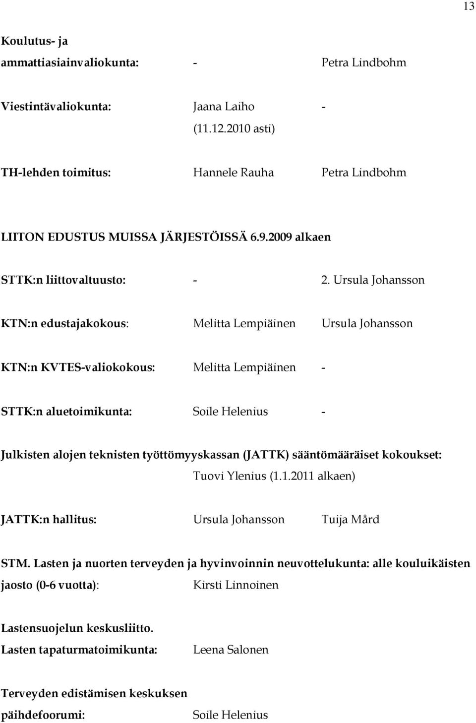 Ursula Johansson KTN:n edustajakokous: Melitta Lempiäinen Ursula Johansson KTN:n KVTES-valiokokous: Melitta Lempiäinen - STTK:n aluetoimikunta: Soile Helenius - Julkisten alojen teknisten