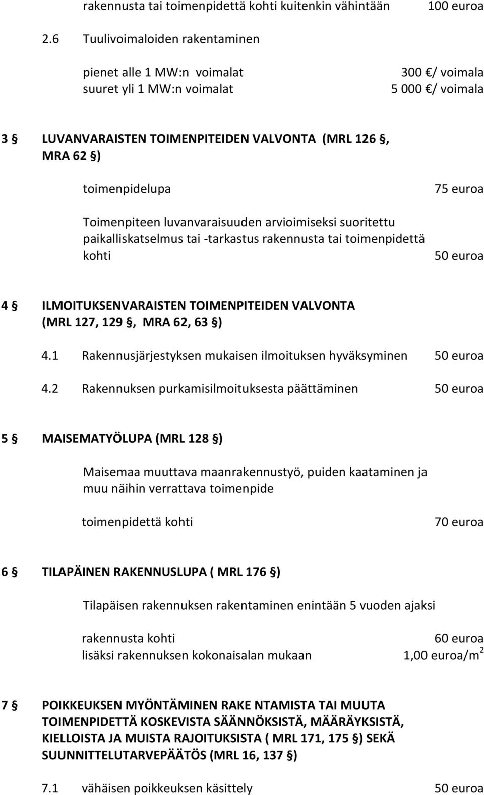 Toimenpiteen luvanvaraisuuden arvioimiseksi suoritettu paikalliskatselmus tai -tarkastus rakennusta tai toimenpidettä kohti 75 euroa 4 ILMOITUKSENVARAISTEN TOIMENPITEIDEN VALVONTA (MRL 127, 129, MRA