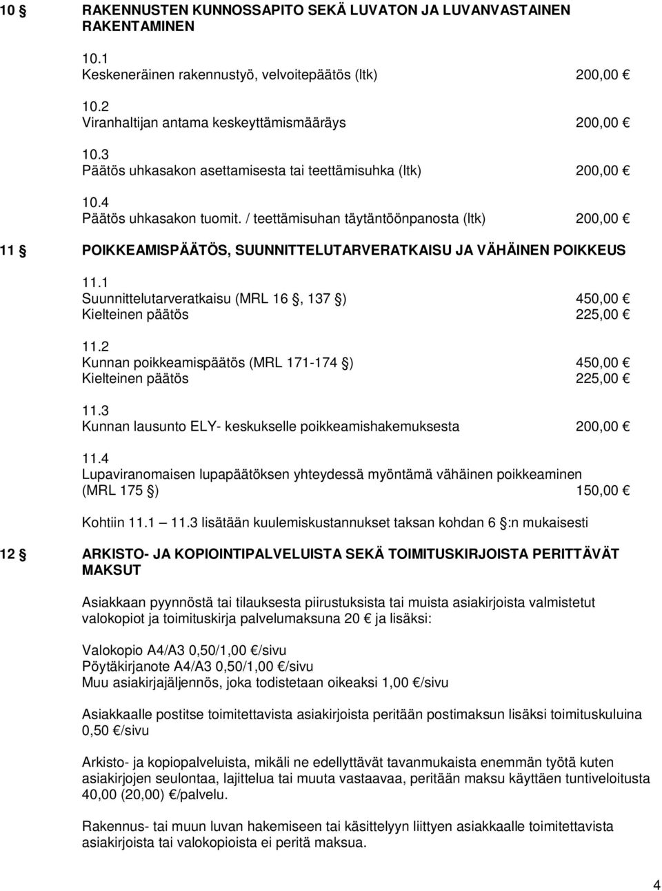 / teettämisuhan täytäntöönpanosta (ltk) 200,00 11 POIKKEAMISPÄÄTÖS, SUUNNITTELUTARVERATKAISU JA VÄHÄINEN POIKKEUS 11.1 Suunnittelutarveratkaisu (MRL 16, 137 ) 450,00 Kielteinen päätös 225,00 11.