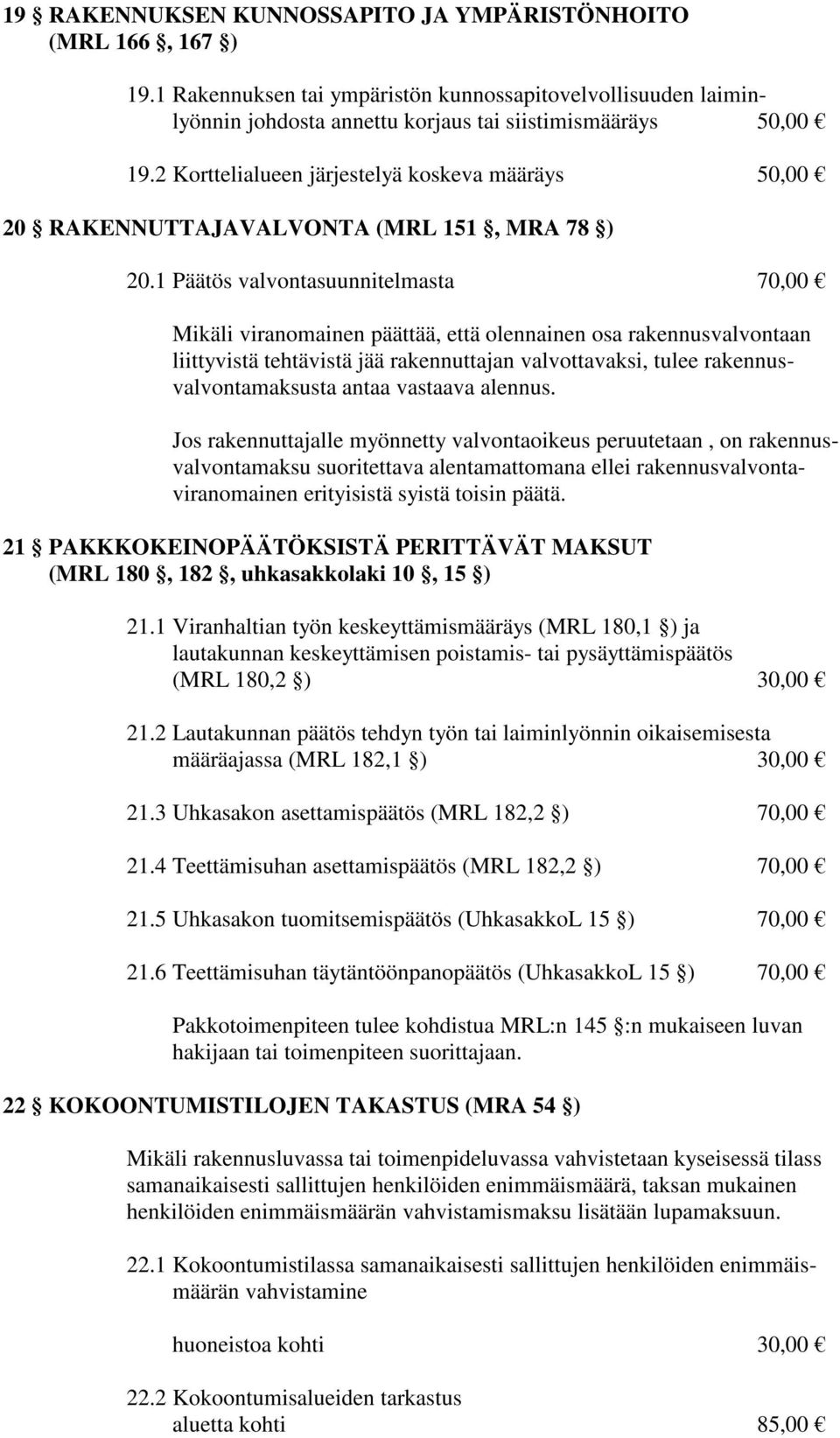 1 Päätös valvontasuunnitelmasta 70,00 Mikäli viranomainen päättää, että olennainen osa rakennusvalvontaan liittyvistä tehtävistä jää rakennuttajan valvottavaksi, tulee rakennusvalvontamaksusta antaa