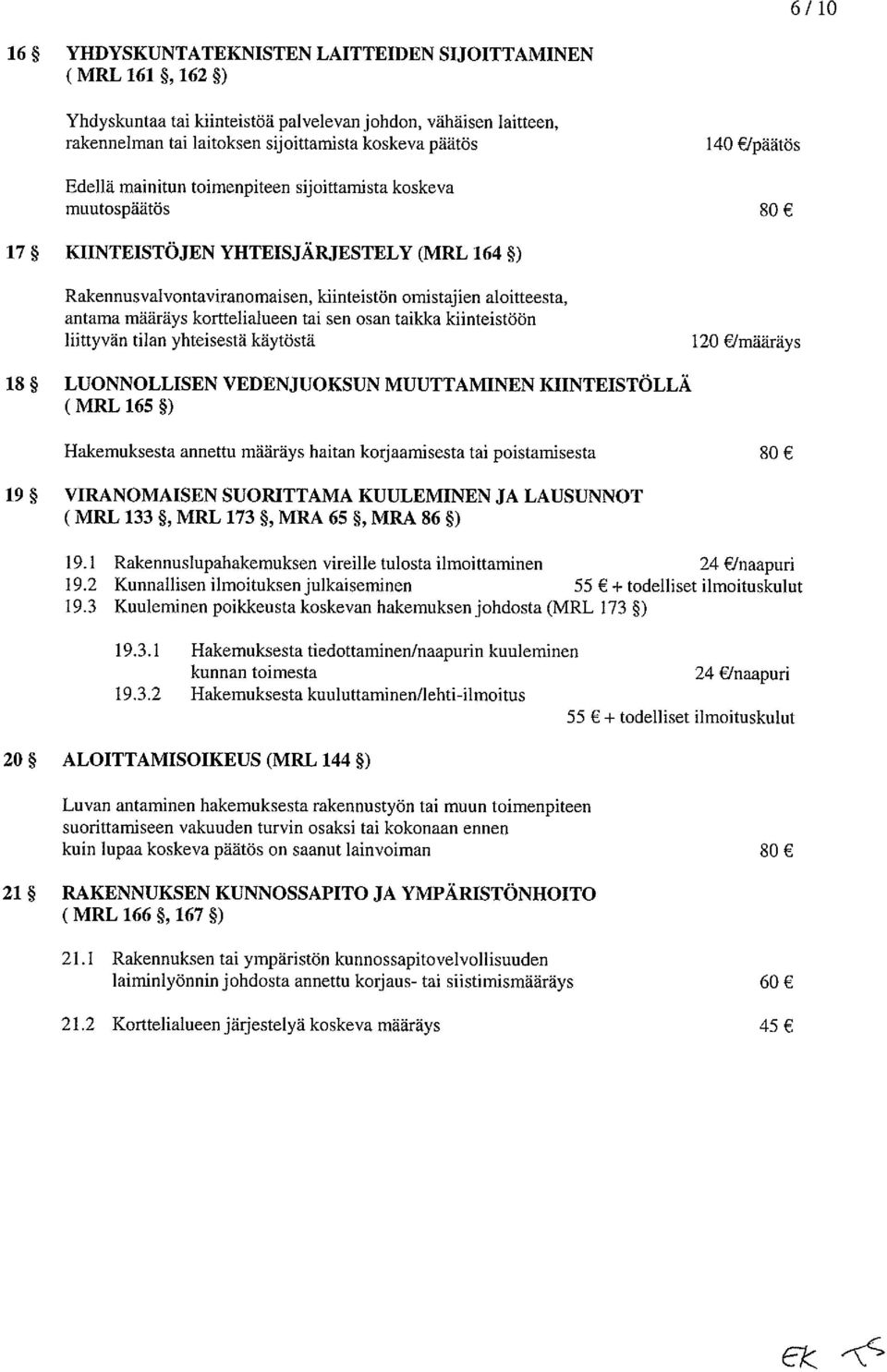 määräys korttelialueen tai sen osan taikka kiinteistöön liittyvän tilan yhteisestä käytöstä 120 Jmääräys 18 LUONNOLLISEN VEDENJUOKSUN MUUTTAMINEN KIINTEISTÖLLÄ (MRL 165 ) Hakemuksesta annettu määräys