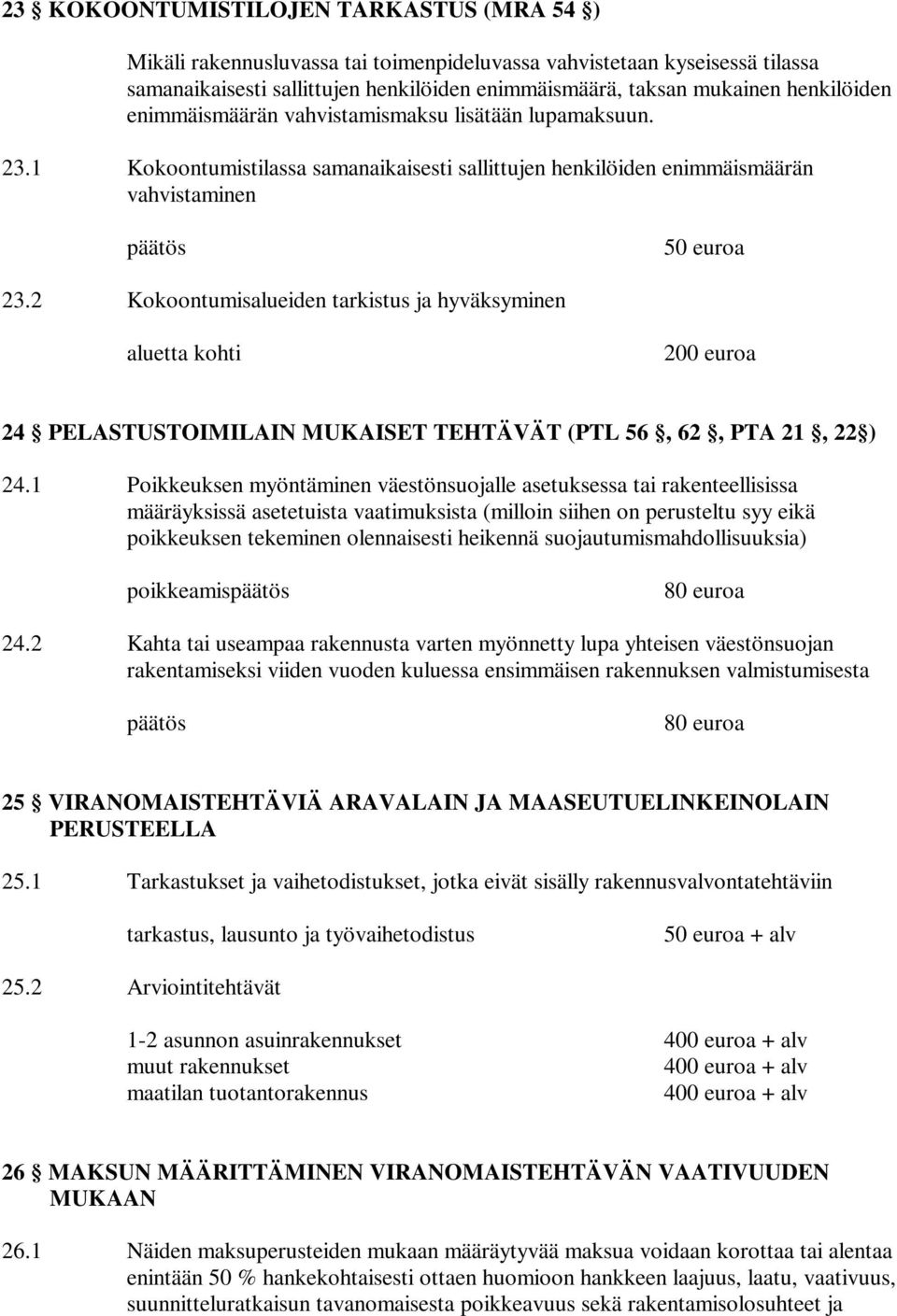 2 Kokoontumisalueiden tarkistus ja hyväksyminen aluetta kohti 200 euroa 24 PELASTUSTOIMILAIN MUKAISET TEHTÄVÄT (PTL 56, 62, PTA 21, 22 ) 24.