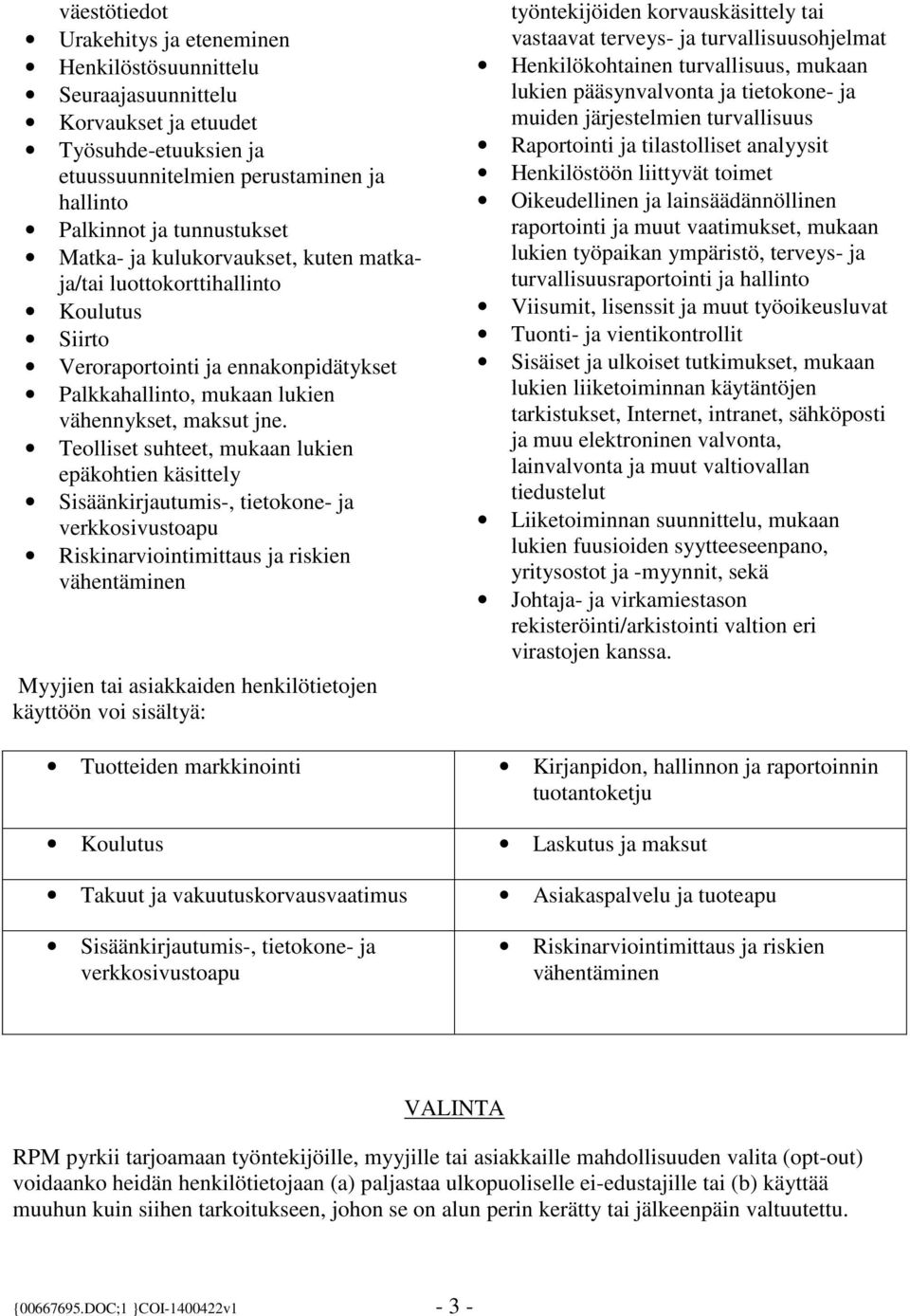 Teolliset suhteet, mukaan lukien epäkohtien käsittely Sisäänkirjautumis-, tietokone- ja verkkosivustoapu Riskinarviointimittaus ja riskien vähentäminen Myyjien tai asiakkaiden henkilötietojen