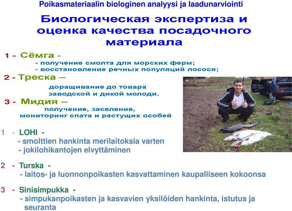 получение, заселение, мониторинг спатаи растущих особей 1 - LOHI - - smolttien hankinta merilaitoksia varten - jokilohikantojen elvyttäminen 2 2 -