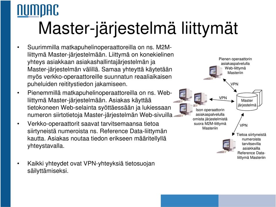 Asiakas käyttää tietokoneen Web-selainta syöttäessään ja lukiessaan numeron siirtotietoja -n Web-sivuilla. Verkko-operaattorit saavat tarvitsemaansa tietoa siirtyneistä numeroista ns.