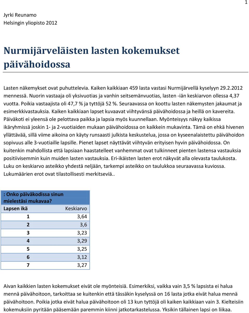 Seuraavassa on koottu lasten näkemysten jakaumat ja esimerkkivastauksia. Kaiken kaikkiaan lapset kuvaavat viihtyvänsä päivähoidossa ja heillä on kavereita.