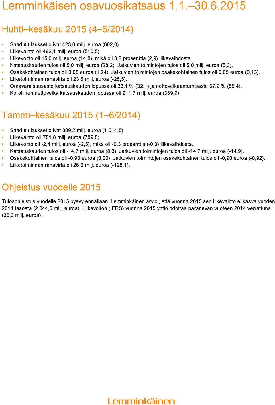 Osakekohtainen tulos oli 0,05 euroa (1,24). Jatkuvien toimintojen osakekohtainen tulos oli 0,05 euroa (0,13). Liiketoiminnan rahavirta oli 23,5 milj. euroa (-25,5).