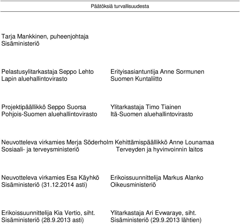 Kehittämispäällikkö Anne Lounamaa Sosiaali- ja terveysministeriö Terveyden ja hyvinvoinnin laitos Neuvotteleva virkamies Esa Käyhkö Sisäministeriö (31.12.