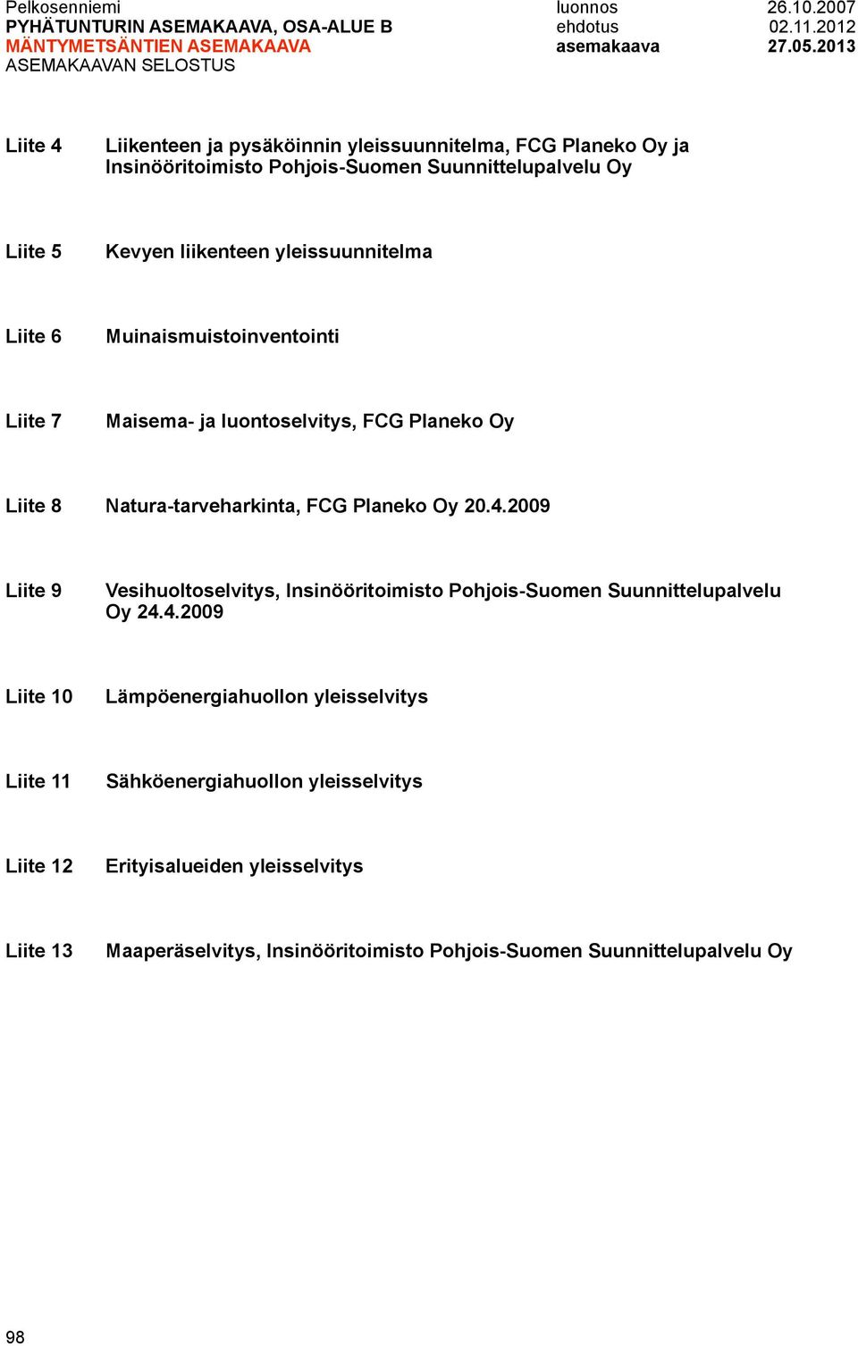 4.2009 Liite 9 Liite 10 Liite 11 Liite 12 Liite 13 Vesihuoltoselvitys, Insinööritoimisto Pohjois-Suomen Suunnittelupalvelu Oy 24.4.2009