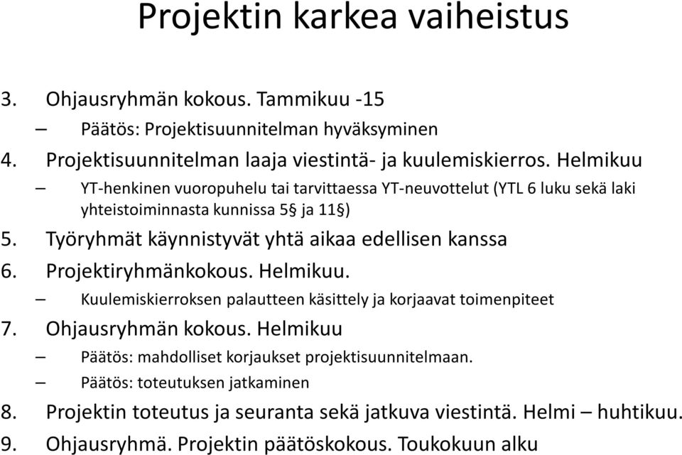 Työryhmät käynnistyvät yhtä aikaa edellisen kanssa 6. Projektiryhmänkokous. Helmikuu. Kuulemiskierroksen palautteen käsittely ja korjaavat toimenpiteet 7.