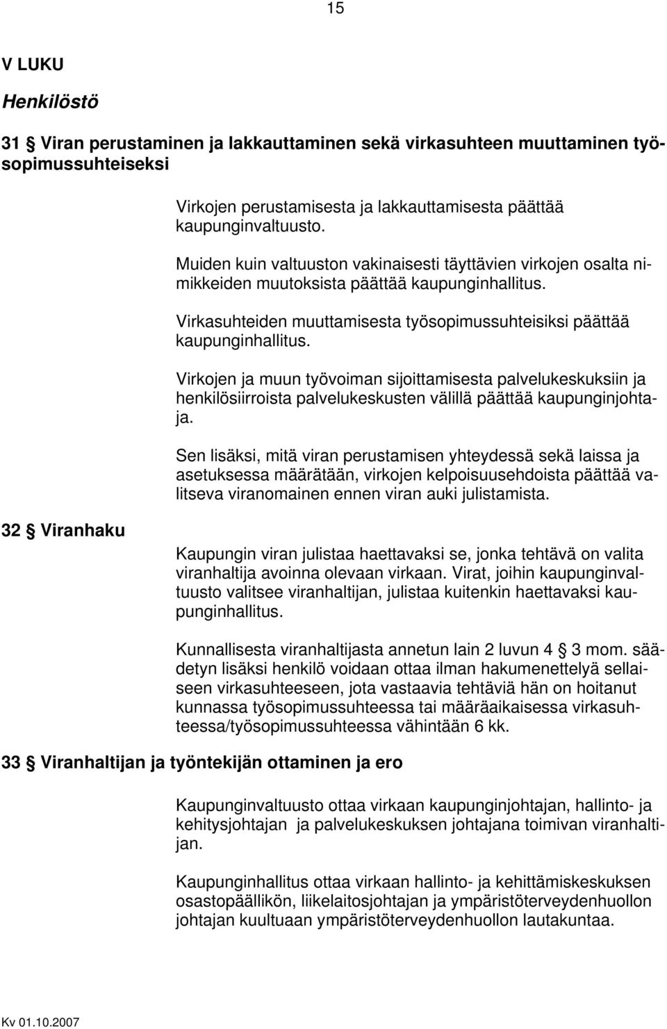 31 Viran perustaminen ja lakkauttaminen sekä virkasuhteen muuttaminen työ- sopimussuhteiseksi Muiden kuin valtuuston vakinaisesti täyttävien virkojen osalta ni- mikkeiden muutoksista päättää