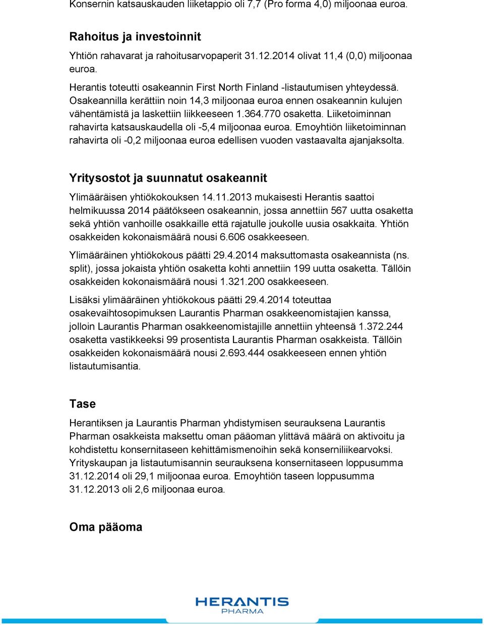 770 osaketta. Liiketoiminnan rahavirta katsauskaudella oli -5,4 miljoonaa euroa. Emoyhtiön liiketoiminnan rahavirta oli -0,2 miljoonaa euroa edellisen vuoden vastaavalta ajanjaksolta.