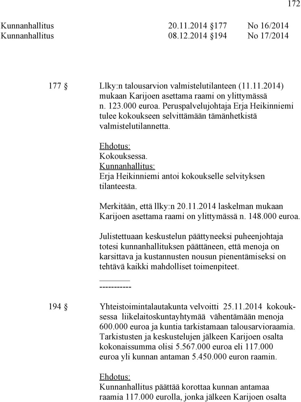Merkitään, että llky:n 20.11.2014 laskelman mukaan Karijoen asettama raami on ylittymässä n. 148.000 euroa.