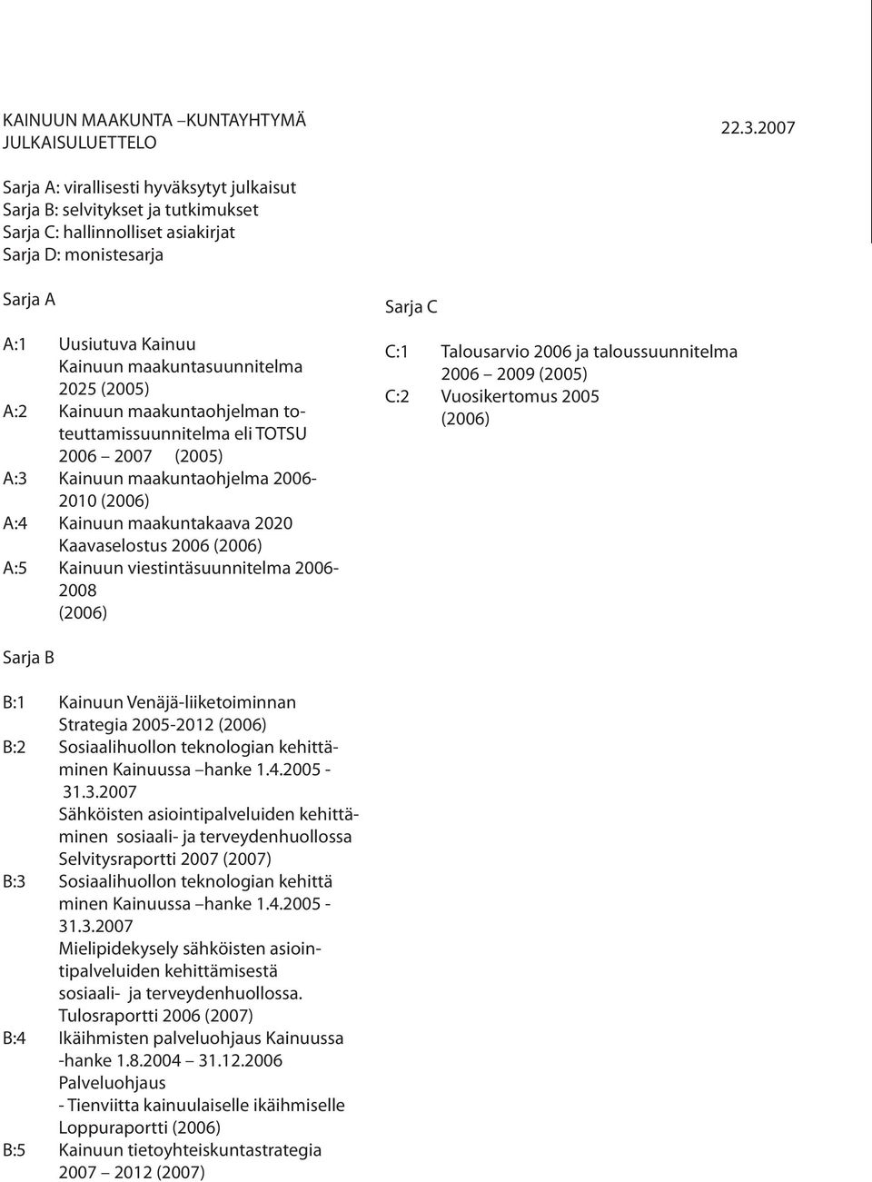 2025 (2005) A:2 Kainuun maakuntaohjelman toteuttamissuunnitelma eli TOTSU 2006 2007 (2005) A:3 Kainuun maakuntaohjelma 2006-2010 (2006) A:4 Kainuun maakuntakaava 2020 Kaavaselostus 2006 (2006) A:5