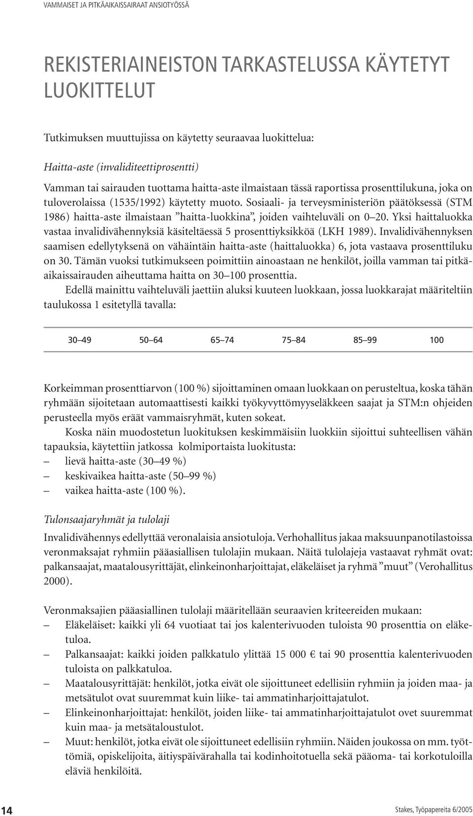 Sosiaali- ja terveysministeriön päätöksessä (STM 1986) haitta-aste ilmaistaan haitta-luokkina, joiden vaihteluväli on 0 20.