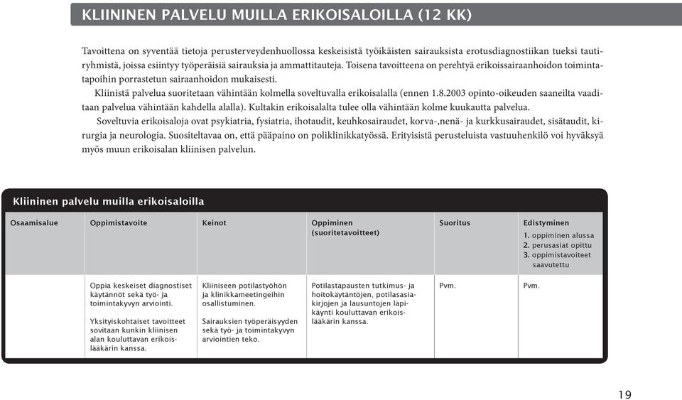 Kliinistä palvelua suoritetaan vähintään kolmella soveltuvalla erikoisalalla (ennen 1.8.2003 opinto-oikeuden saaneilta vaaditaan palvelua vähintään kahdella alalla).