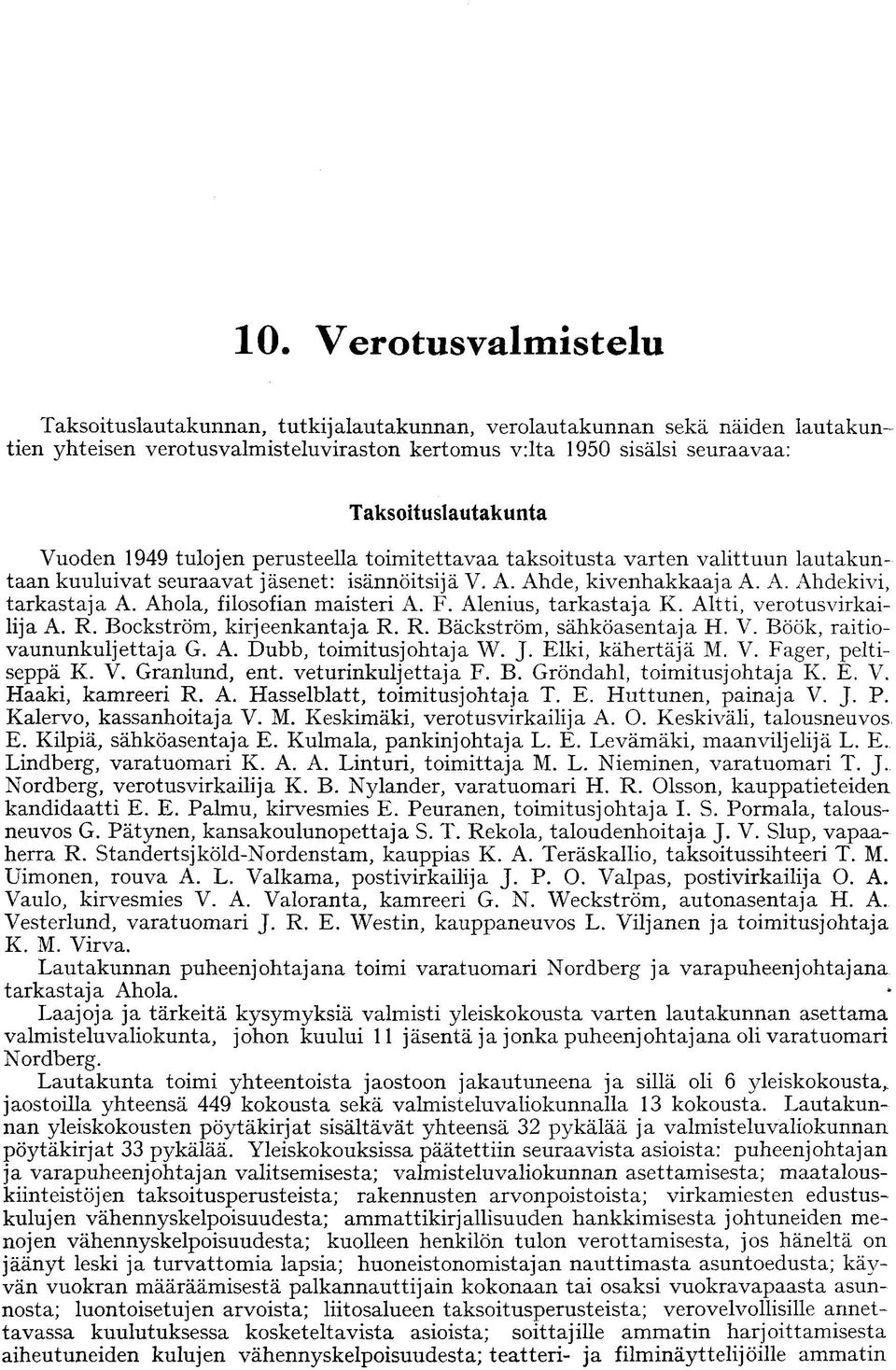 Ahola, filosofian maisteri A. F. Alenius, tarkastaja K. Altti, verotusvirkailija A. R. Bockström, kirjeenkantaja R. R. Bäckström, sähköasentaja H. V. Böök, raitiovaununkuljettaja G. A. Dubb, toimitusjohtaja W.