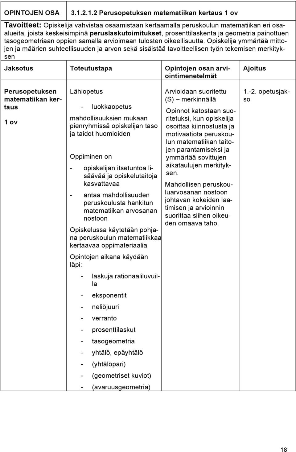 prosenttilaskenta ja geometria painottuen tasogeometriaan oppien samalla arvioimaan tulosten oikeellisuutta.