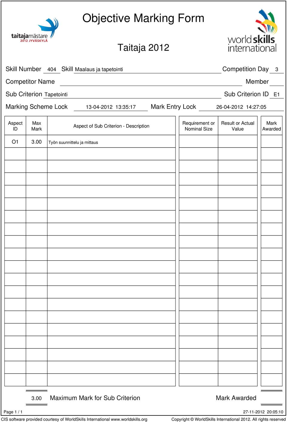 Entry Lock 26-04-2012 14:27:05 of Sub Criterion - Description Requirement or