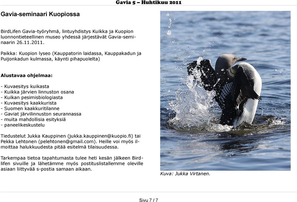 pesimisbiologiasta - Kuvaesitys kaakkurista - Suomen kaakkuritilanne - Gaviat järvilinnuston seurannassa - muita mahdollisia esityksiä - paneelikeskustelu Tiedustelut Jukka Kauppinen (jukka.