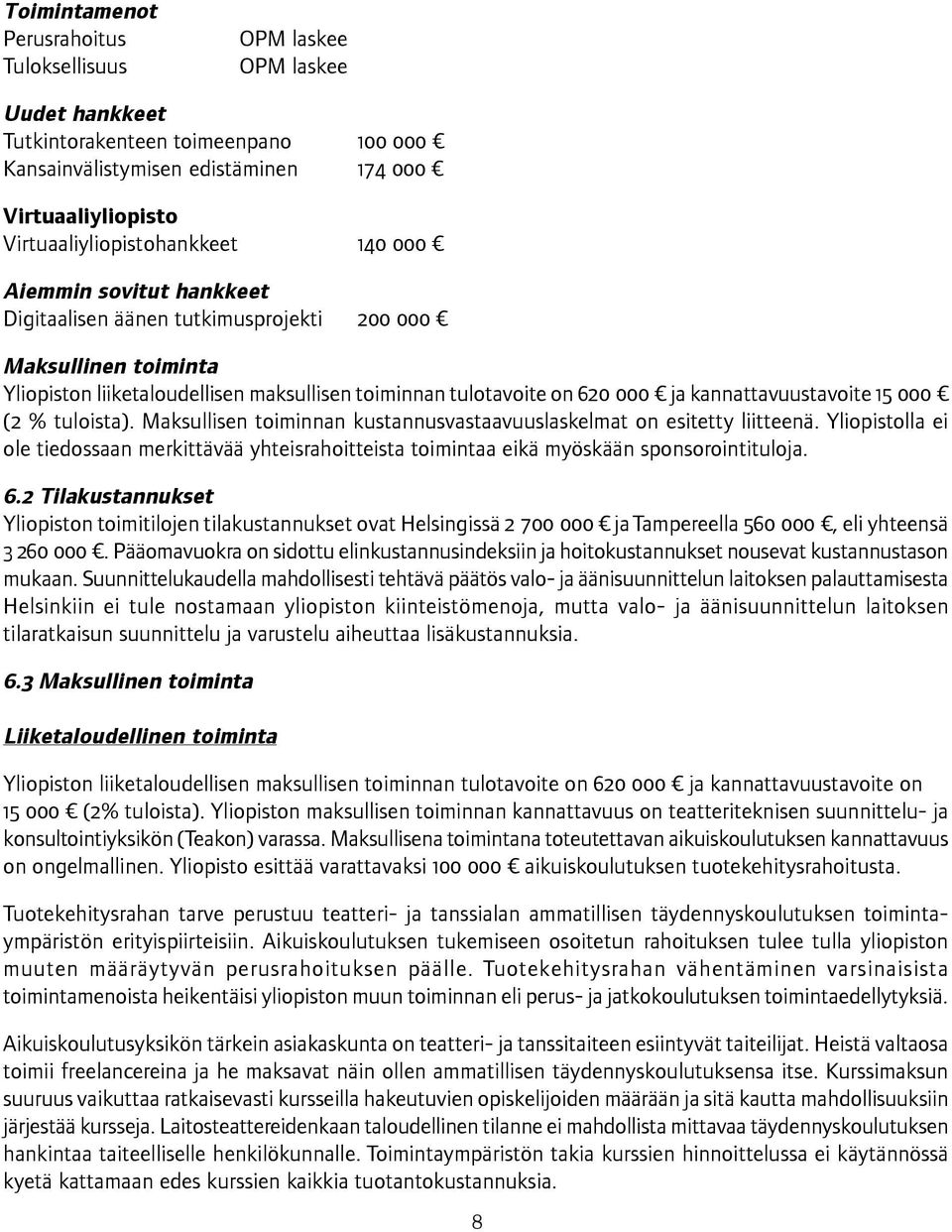 ja kannattavuustavoite 15 000 (2 % tuloista). Maksullisen toiminnan kustannusvastaavuuslaskelmat on esitetty liitteenä.