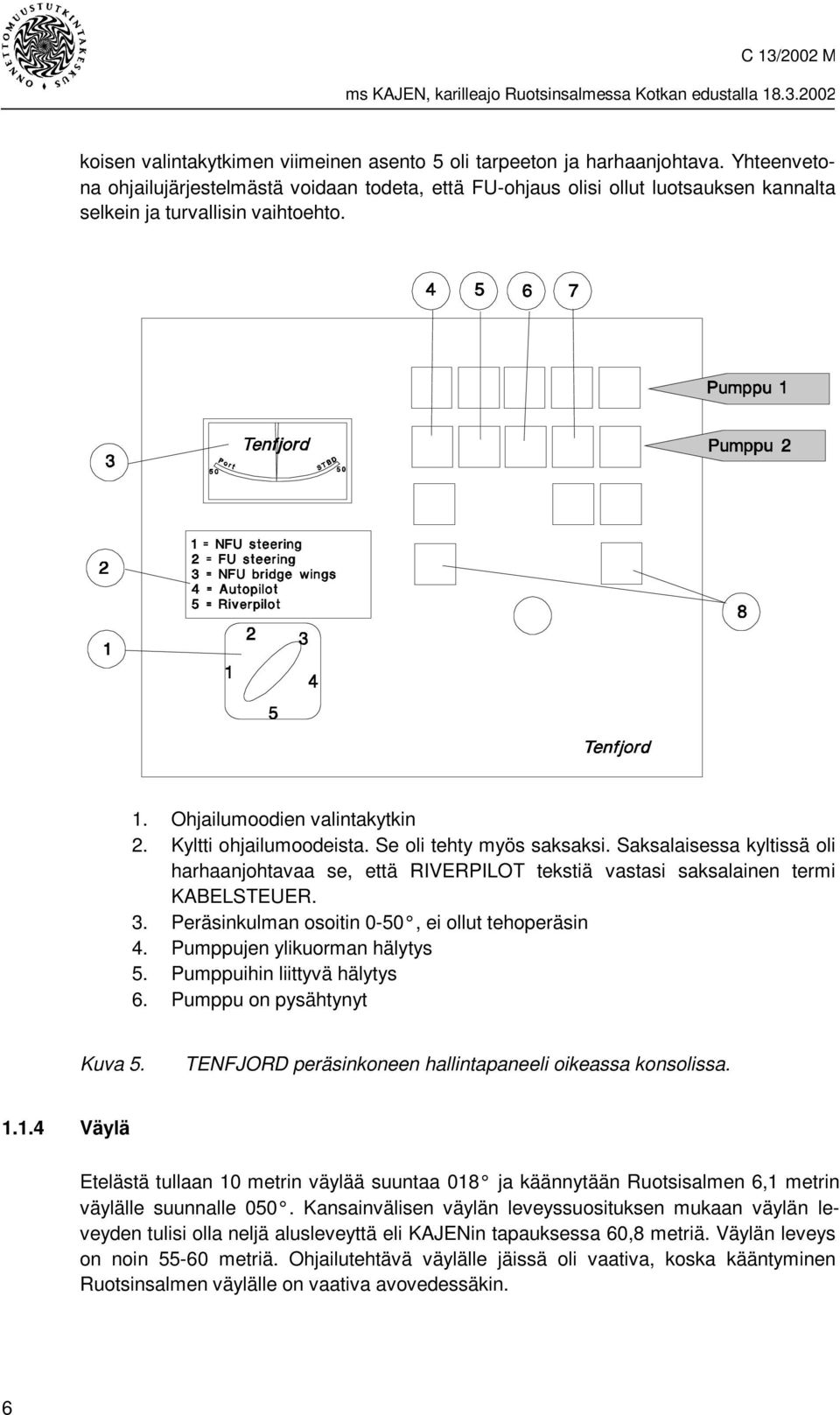 Se oli tehty myös saksaksi. Saksalaisessa kyltissä oli harhaanjohtavaa se, että RIVERPILOT tekstiä vastasi saksalainen termi KABELSTEUER. 3. Peräsinkulman osoitin 0-50, ei ollut tehoperäsin 4.