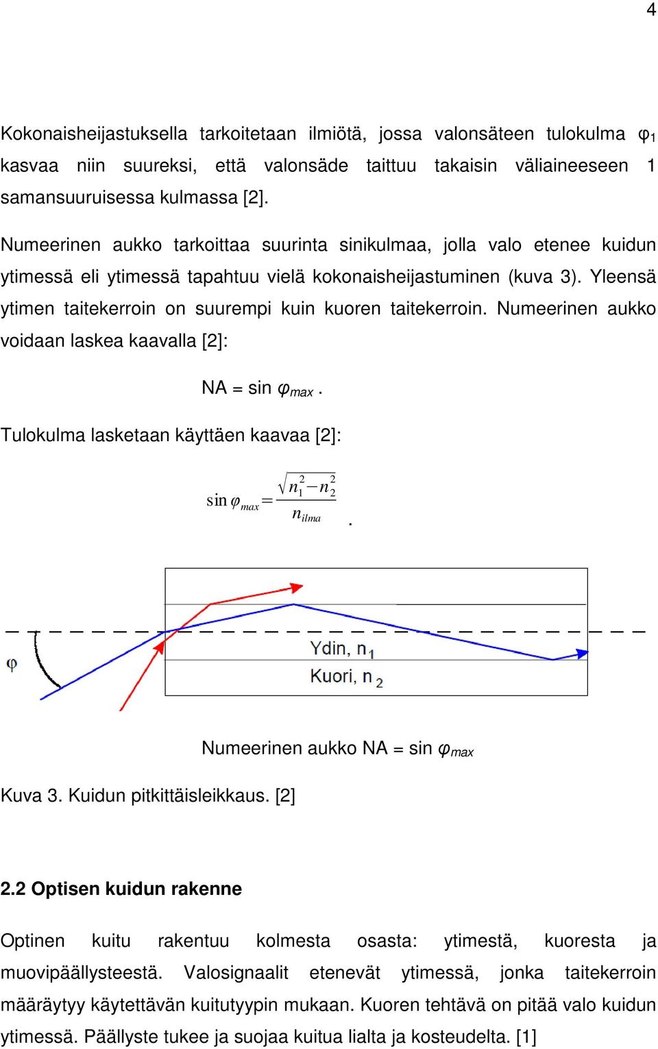 Yleensä ytimen taitekerroin on suurempi kuin kuoren taitekerroin. Numeerinen aukko voidaan laskea kaavalla [2]: NA = sin φ max. Tulokulma lasketaan käyttäen kaavaa [2]: n 2 2 sinφ max = 1 n 2 n ilma.