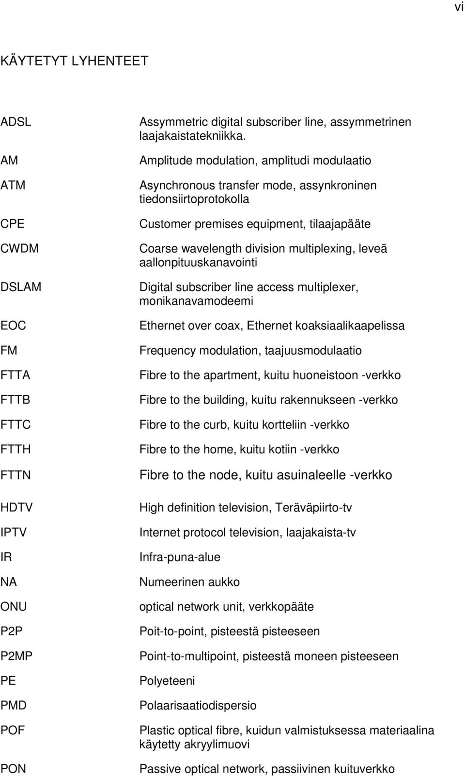 aallonpituuskanavointi Digital subscriber line access multiplexer, monikanavamodeemi Ethernet over coax, Ethernet koaksiaalikaapelissa Frequency modulation, taajuusmodulaatio Fibre to the apartment,