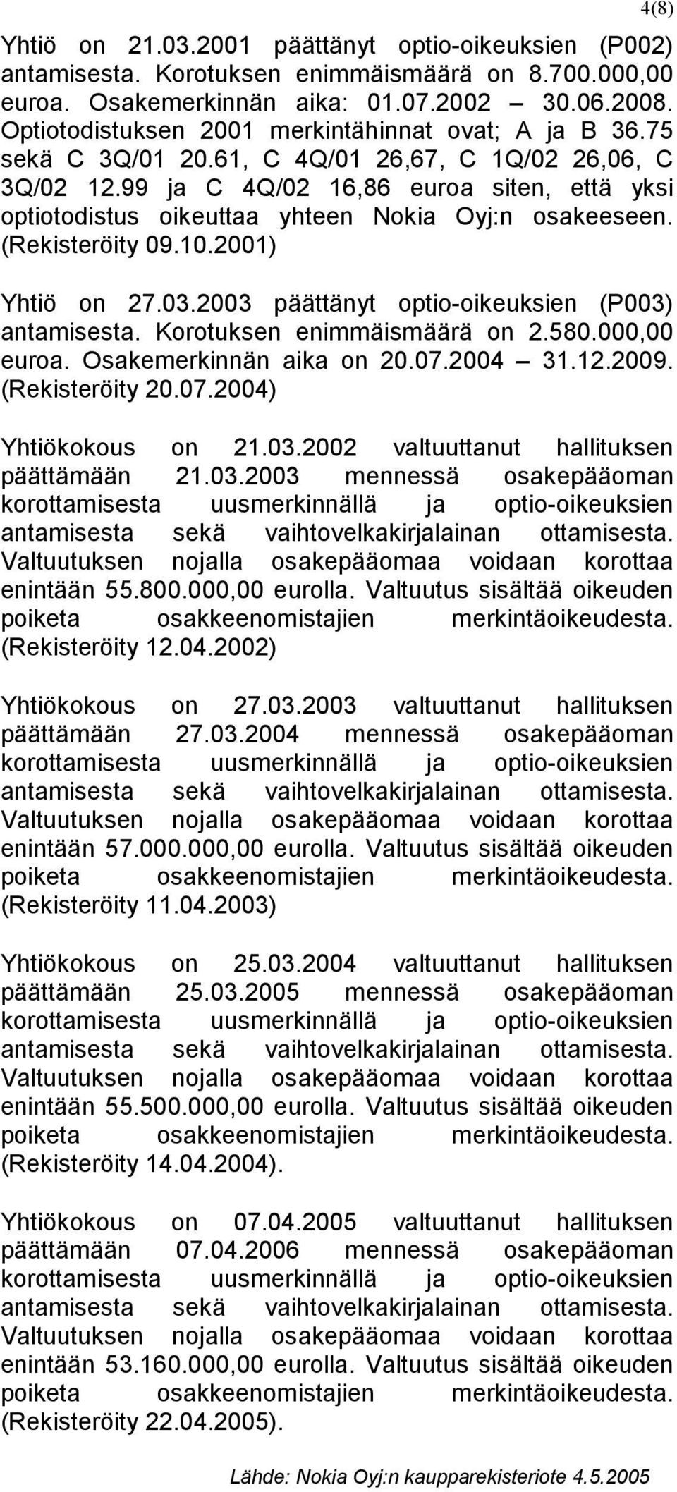 99 ja C 4Q/02 16,86 euroa siten, että yksi optiotodistus oikeuttaa yhteen Nokia Oyj:n osakeeseen. (Rekisteröity 09.10.2001) Yhtiö on 27.03.2003 päättänyt optio-oikeuksien (P003) antamisesta.