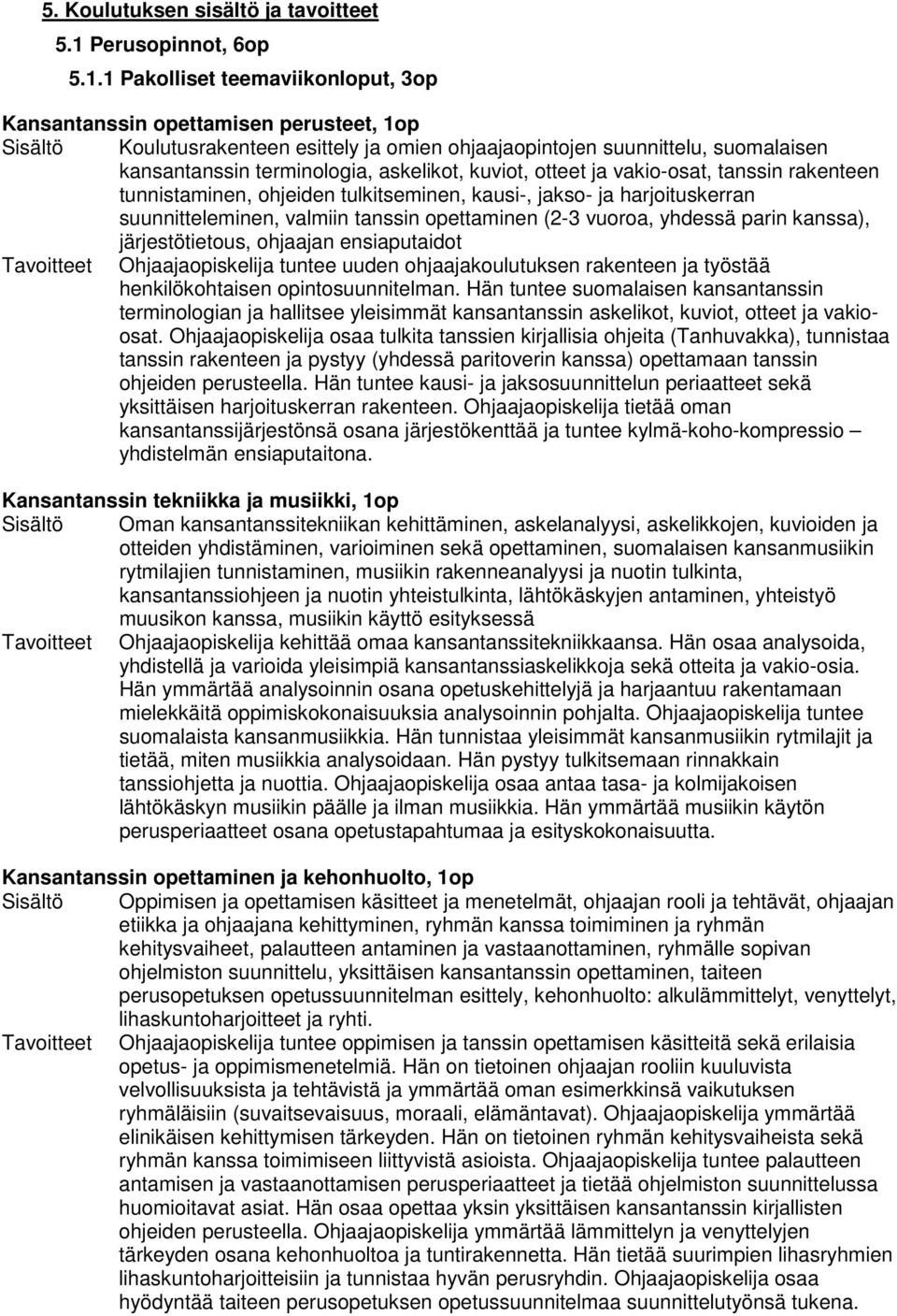 1 Pakolliset teemaviikonloput, 3op Kansantanssin opettamisen perusteet, 1op Sisältö Koulutusrakenteen esittely ja omien ohjaajaopintojen suunnittelu, suomalaisen kansantanssin terminologia,