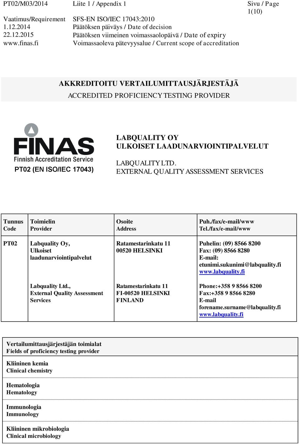 /fax/e-mail/www PT02 Labquality Oy, Ulkoiset laadunarviointipalvelut Ratamestarinkatu 11 00520 HELSINKI Puhelin: (09) 8566 8200 Fax: (09) 8566 8280 E-mail: etunimi.sukunimi@labquality.fi www.