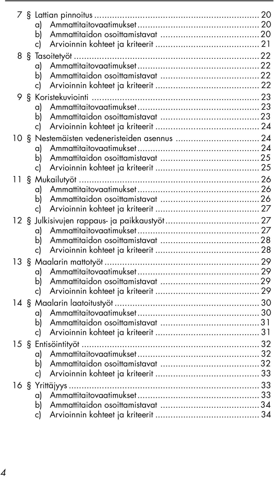 .. 23 c) Arvioinnin kohteet ja kriteerit... 24 10 Nestemäisten vedeneristeiden asennus... 24 a) Ammattitaitovaatimukset... 24 b) Ammattitaidon osoittamistavat... 25 c) Arvioinnin kohteet ja kriteerit.