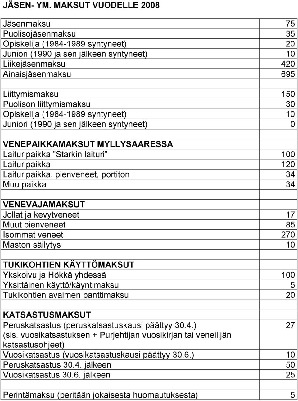 Puolison liittymismaksu 30 Opiskelija (1984-1989 syntyneet) 10 Juniori (1990 ja sen jälkeen syntyneet) 0 VENEPAIKKAMAKSUT MYLLYSAARESSA Laituripaikka Starkin laituri 100 Laituripaikka 120