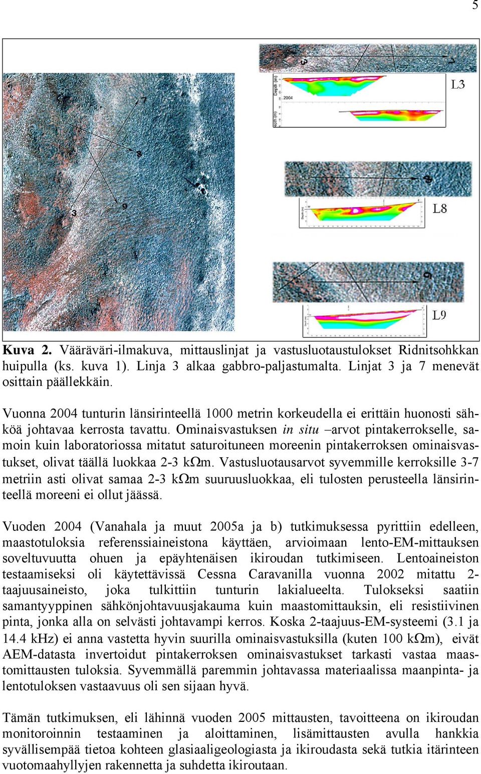 Ominaisvastuksen in situ arvot pintakerrokselle, samoin kuin laboratoriossa mitatut saturoituneen moreenin pintakerroksen ominaisvastukset, olivat täällä luokkaa 2-3 kωm.