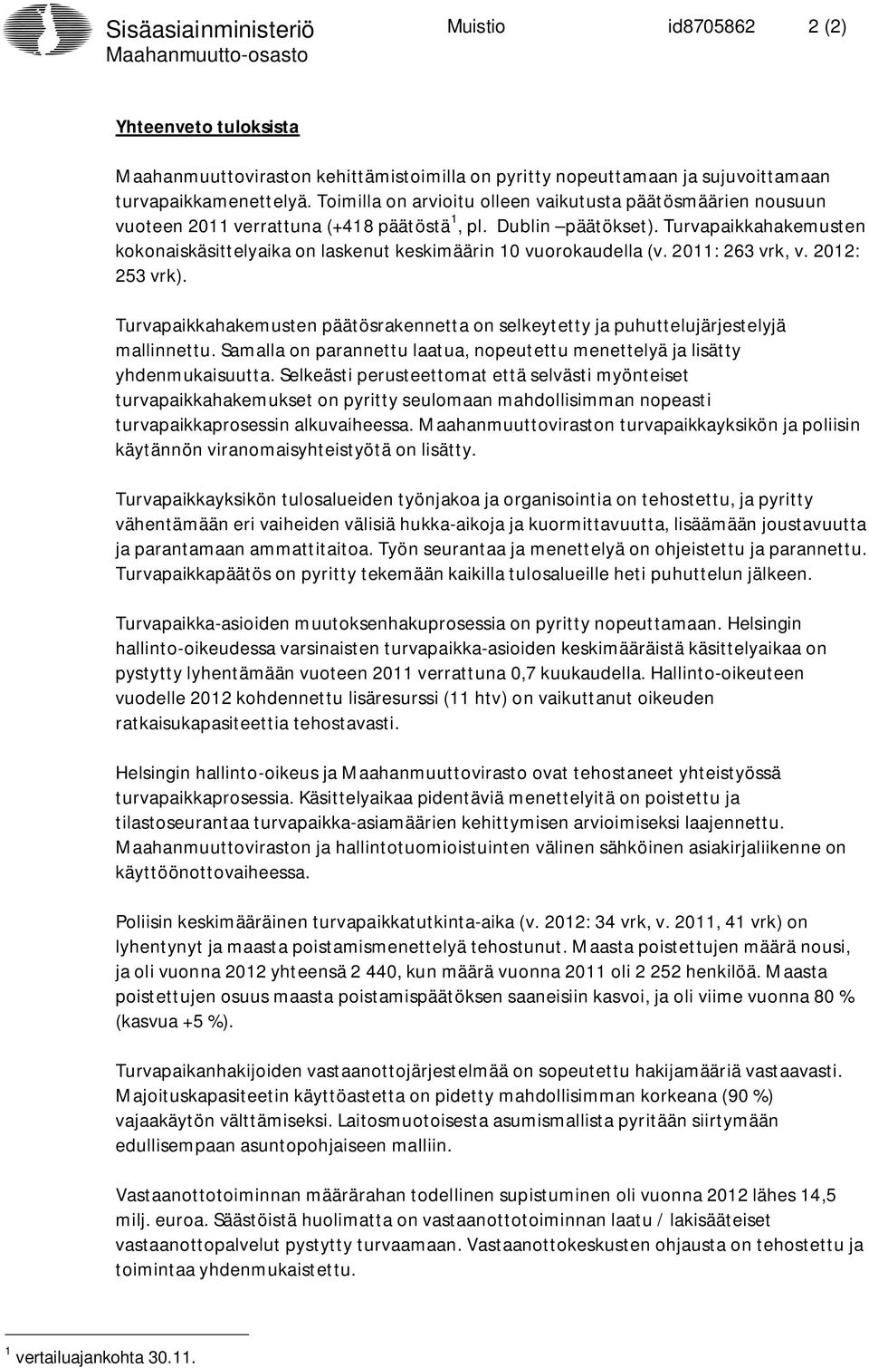 Turvapaikkahakemusten kokonaiskäsittelyaika on laskenut keskimäärin 10 vuorokaudella (v. 2011: 263 vrk, v. 2012: 253 vrk).