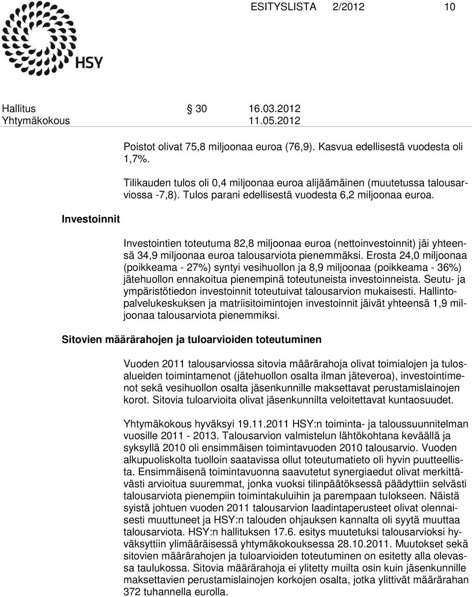 Investointien toteutuma 82,8 miljoonaa euroa (nettoinvestoinnit) jäi yhteensä 34,9 miljoonaa euroa ta lousarviota pienemmäksi.