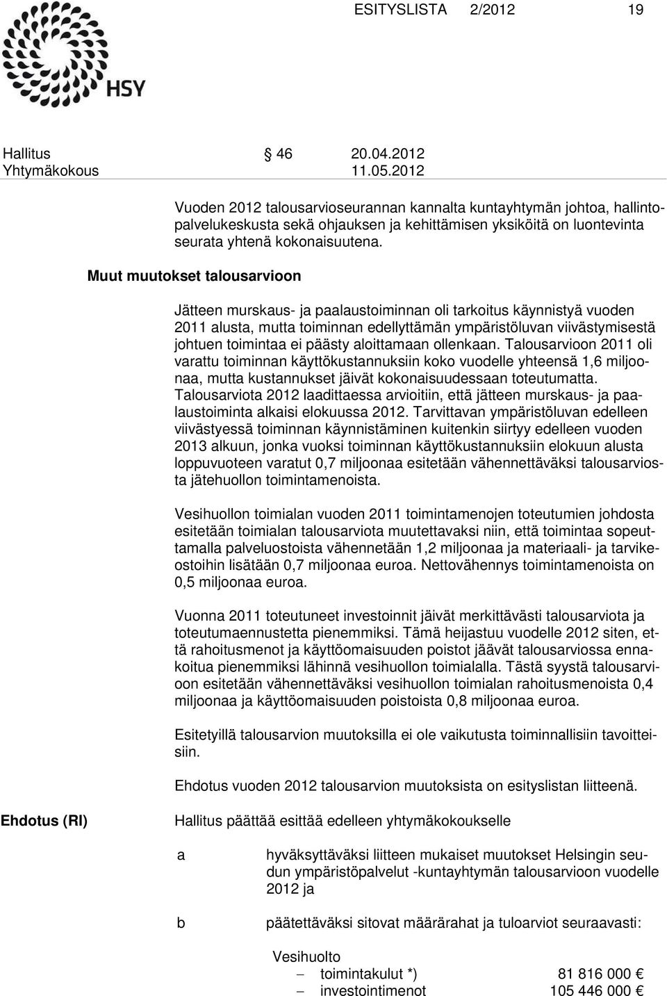 Muut muutokset talousarvioon Jätteen murskaus- ja paalaustoiminnan oli tarkoitus käynnistyä vuoden 2011 alusta, mutta toiminnan edellyttämän ympäristöluvan viivästymisestä johtuen toimintaa ei päästy