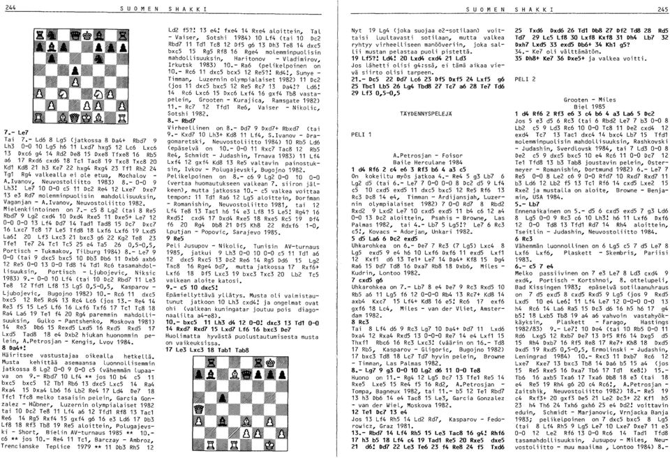 Tf1 Rh2 24 Tg1 Rg4 valkealla ei ole etua, MoehaLov A.lvanov, NeuvostoLiitto 1983) 8.- 0-0 9 Lh3! Le7 10 0-0 e5 11 De2 Re4 12 Lxe7 Dxe7 13 e3.rd7 molemminpuolisin mahdollisuuksin, VaganJan - A.