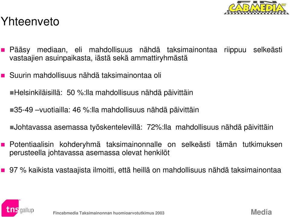 päivittäin Johtavassa asemassa työskentelevillä: 72%:lla mahdollisuus nähdä päivittäin Potentiaalisin kohderyhmä taksimainonnalle on selkeästi