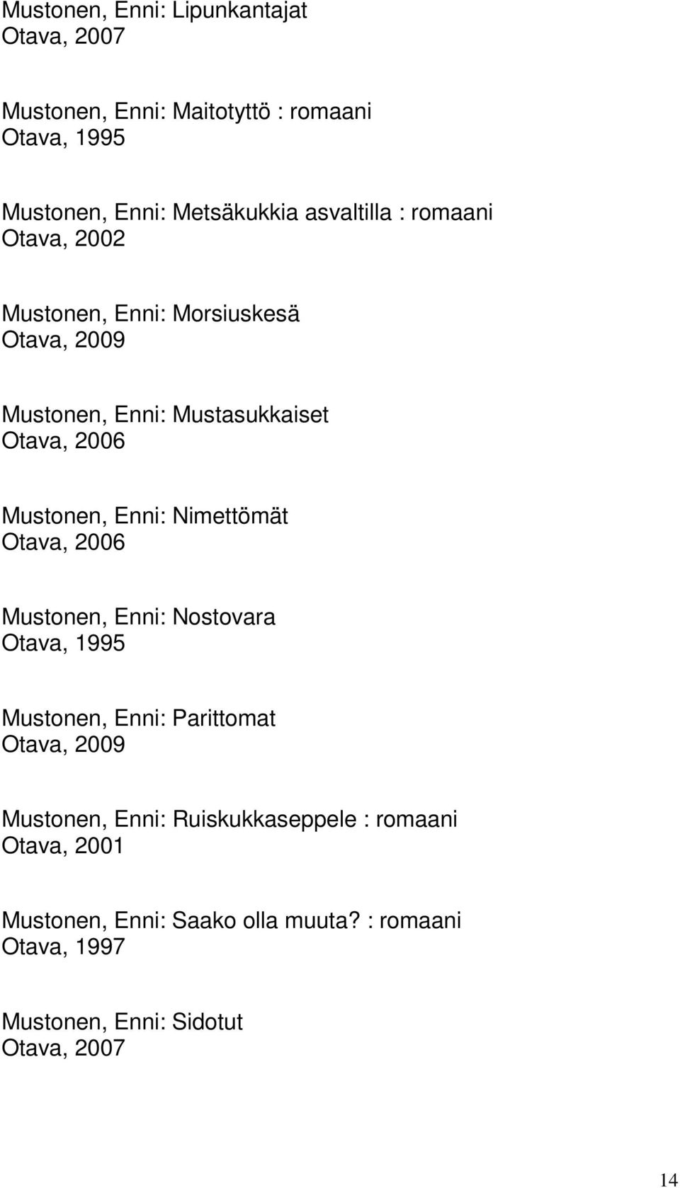 Mustonen, Enni: Nimettömät Otava, 2006 Mustonen, Enni: Nostovara Otava, 1995 Mustonen, Enni: Parittomat Otava, 2009