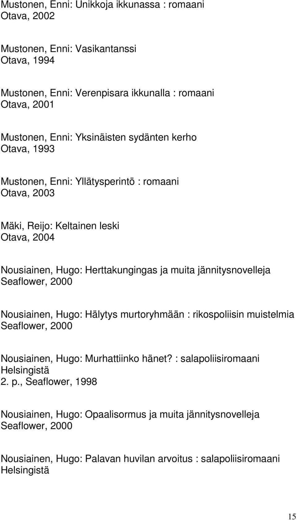 jännitysnovelleja Seaflower, 2000 Nousiainen, Hugo: Hälytys murtoryhmään : rikospoliisin muistelmia Seaflower, 2000 Nousiainen, Hugo: Murhattiinko hänet?