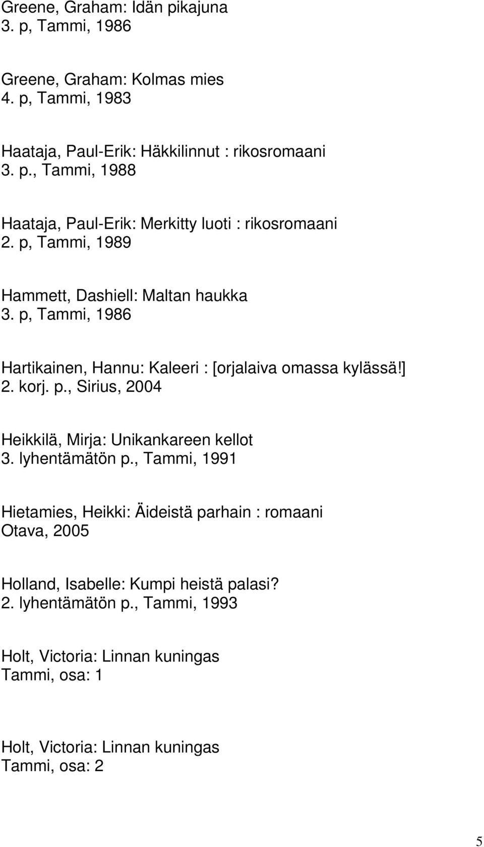 lyhentämätön p., Tammi, 1991 Hietamies, Heikki: Äideistä parhain : romaani Otava, 2005 Holland, Isabelle: Kumpi heistä palasi? 2. lyhentämätön p.