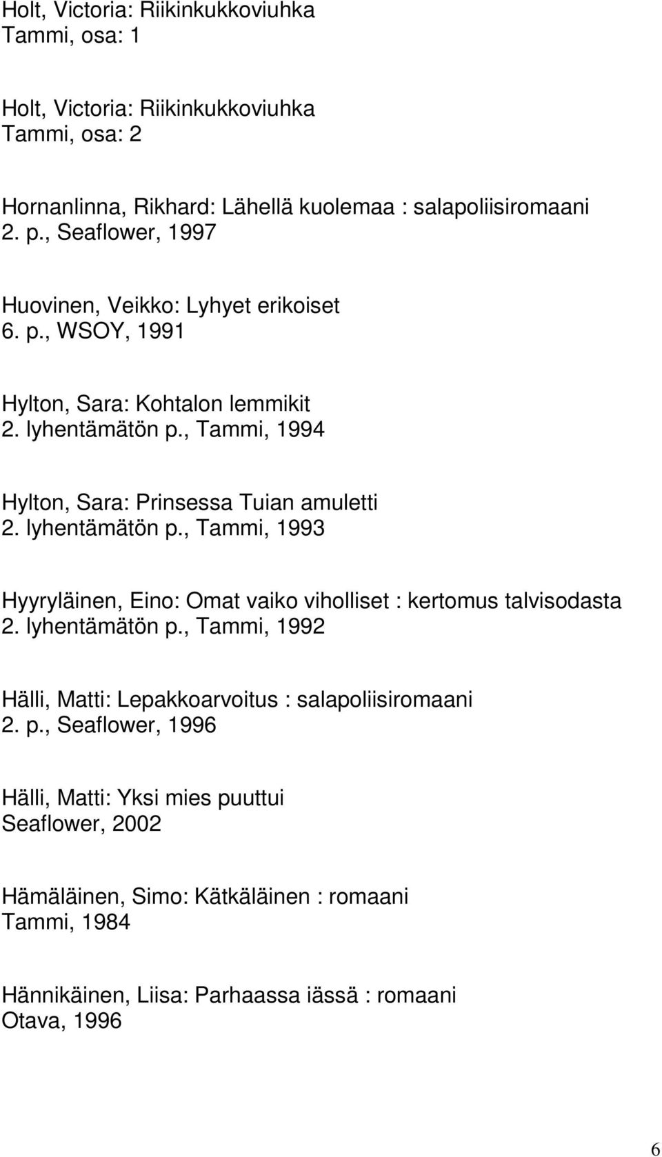 , Tammi, 1994 Hylton, Sara: Prinsessa Tuian amuletti 2. lyhentämätön p., Tammi, 1993 Hyyryläinen, Eino: Omat vaiko viholliset : kertomus talvisodasta 2. lyhentämätön p., Tammi, 1992 Hälli, Matti: Lepakkoarvoitus : salapoliisiromaani 2.